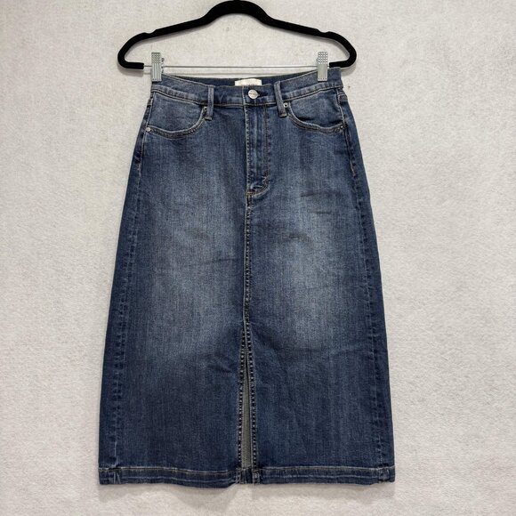 Driftwood Skirt Womens 25 Blue Denim Midi Front Slit Stretch 5-Pocket Zip Fly - Picture 1 of 8